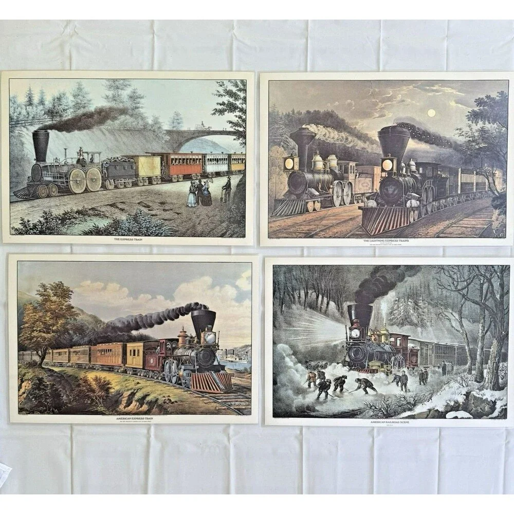 Set of 4 Vintage Train Placemats Railroad Train Currier and Ives Plastic